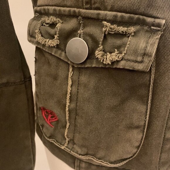 Jessica Simpson. Size Small. Rugged Green Frayed Cotton Denim Jacket. WTC - Picture 3 of 9